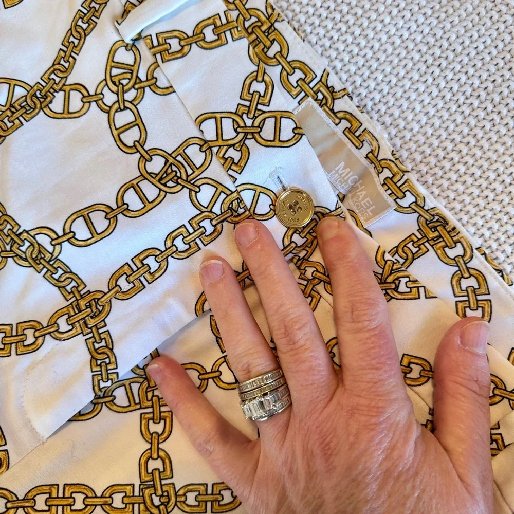 MICHAEL KORS Stretchy White & Gold Chain Print Skinny Pants